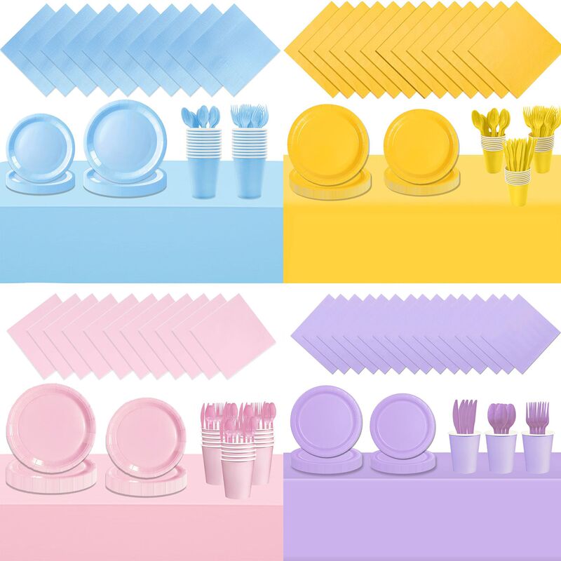 Amazon Solid Color Disposable Paper Cups Paper Plates Paper Towels Birthday Tableware Set Blue Pink Party Paper Plates Paper Cups
