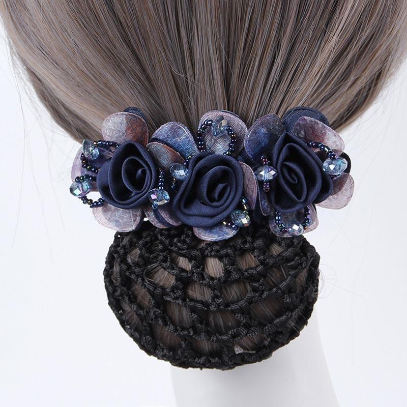 Japanese and Korean Hair Accessories, Silk Yarn, Simple and Elegant Three-Flower Mesh Hair Accessories, High-End Hair Nets, Motherly Elegant Hair Accessories, Professional Head Flowers