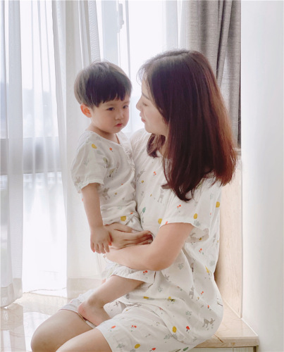 Summer bamboo cotton short-sleeved shorts set, baby home clothes, parent-child home clothes