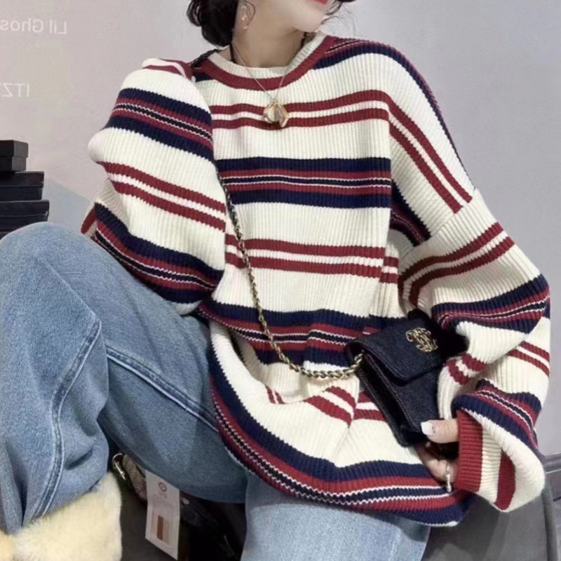 Korean Style Contrasting Color Loose Stripesd Round Neck Women's Sweater 2025 New Soft and Waxy Lazy Style Knitted Top for Outer Wear