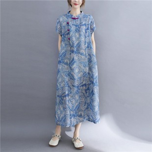 Republic of China Style Modified Printed Cheongsam Skirt Retro Buckle Ramie Tea Clothing Women's Chinese Style Vertical Collar Short Sleeve Cotton Linen dress