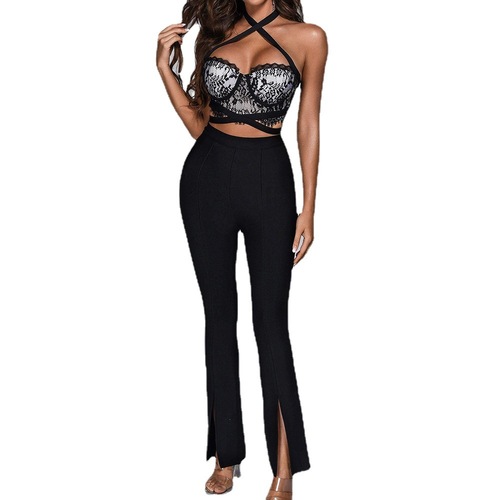 2023 new European and American cross-border women's clothing for foreign trade, sexy lace halter neck, waist exposed, front slit bandage jumpsuit
