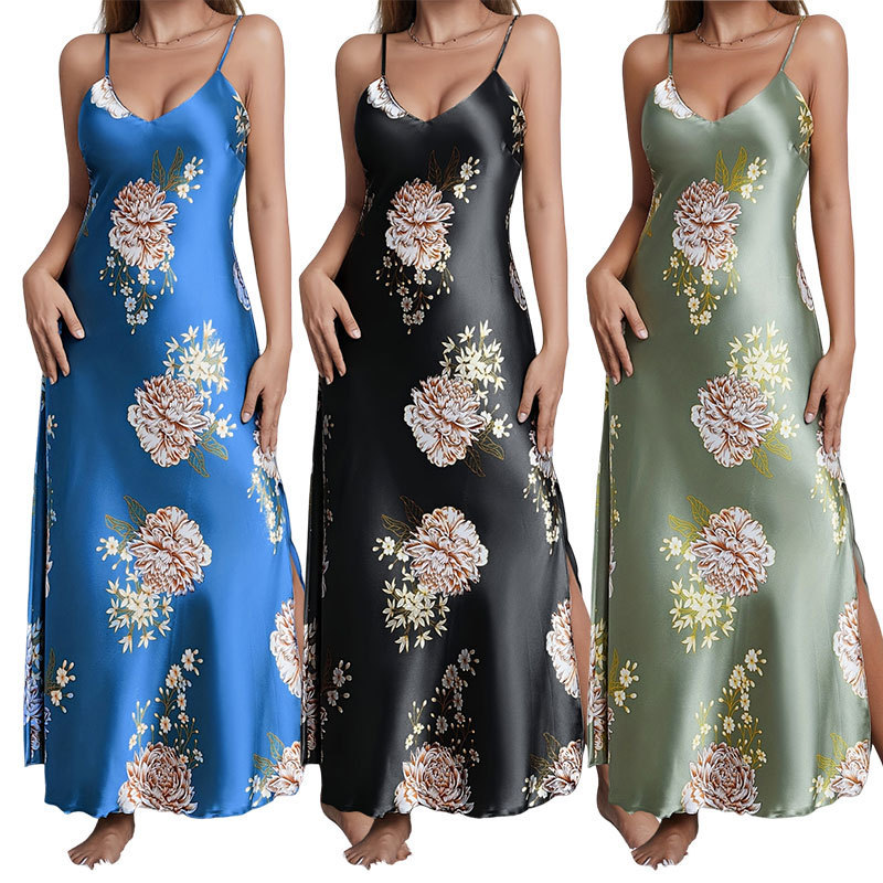 Women's Pajamas Cross-Border Nightgown European and American Print Summer Sleeveless Loungewear Robe Women's Casual Sexy Long Dress