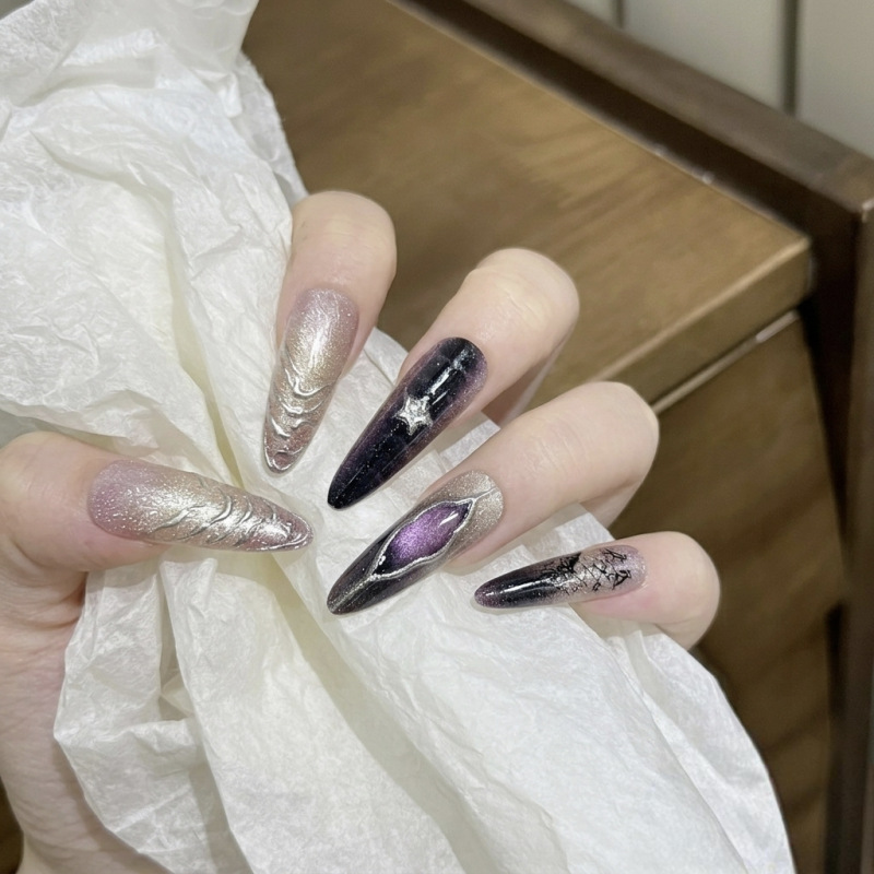 New Gold-Plated Nail Art, Purple Cat-Eye Wearable Nails, Enchanting Fake Nails, Finished Nail Pieces, Wholesale Stickers, Medium-Long Style
