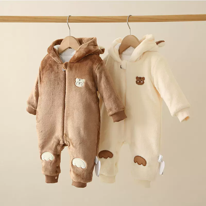 冬季新生婴儿连帽爬服加厚加绒老虎法兰绒外出服拜年服宝宝连体衣