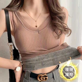 加绒加厚保暖背心女蕾丝V领蓄热秋冬保暖带胸垫上衣女内搭打底衫