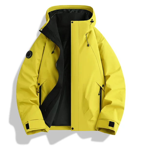 New windproof and waterproof hooded mountaineering jacket, featuring a simple, workwear-inspired design, suitable for winter and providing extra warmth