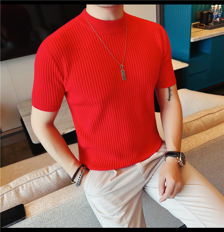 Herren Schwarz Hochgeschlossener Kurzarm Strickpullover Slim Fit_voghion.com