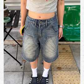 美式复古水洗设计感直筒五分牛仔短裤男女夏季新款做旧宽松半裤潮