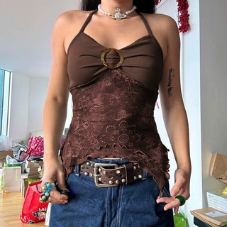 欧美少女森系拼接复古印花吊带女跨境V领复古不规则修身挂脖背心
