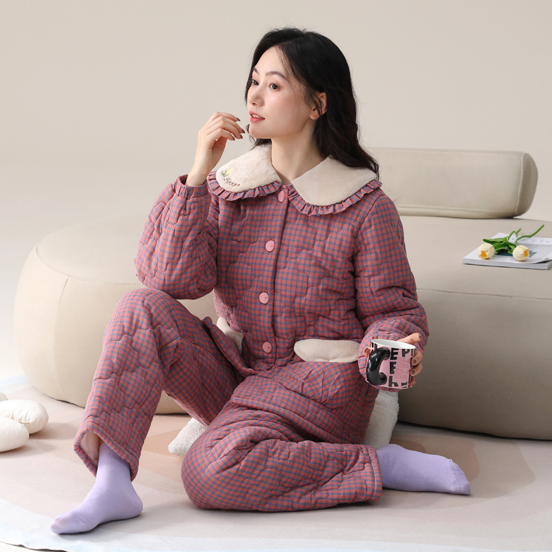 睡衣女士冬季加绒三层加厚梭织纯棉夹棉秋冬款中年妈妈棉袄家居服