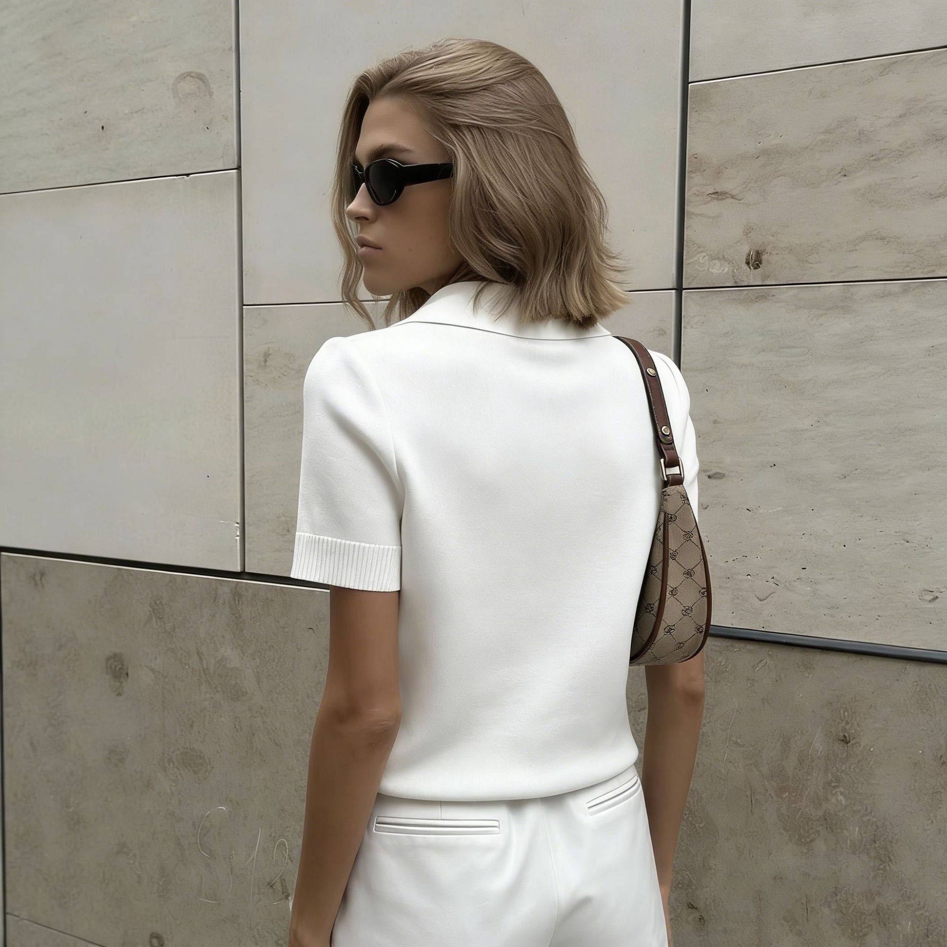 Women's Knitted Cropped Top Color Block Lapel Short-Sleeved Summer Elegant Commuter_voghion.com