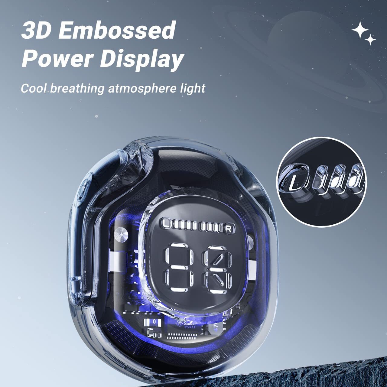 Ventas transfronterizas transparentes visualización digital auriculares Bluetooth inalámbricos TWS tipo de auriculares en el oído cápsula espacial transparente