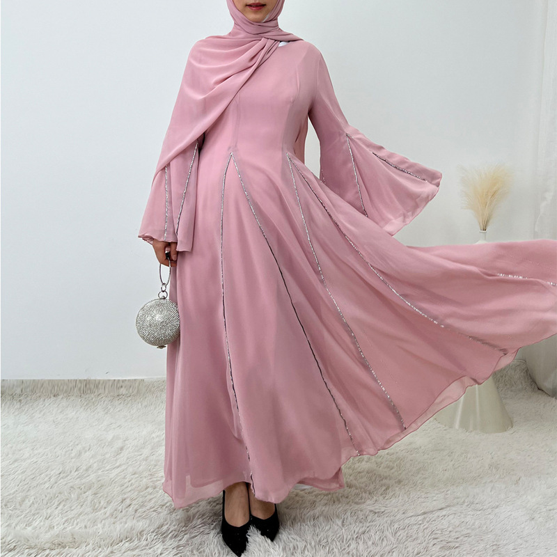 New Round Neck Diamond Strip Chiffon Long Skirt Elegant Fashion Dress Robe National Costume in Stock 4741