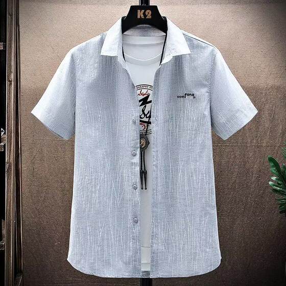 2024 Summer Men's Vertical Stripe Shirt Short-sleeved Square Collar Thin Slim-fit Business Gentleman