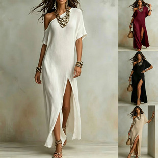 2026 European and American cross-border spring-summer solid color long dress, sexy and elegant, with one-shoulder design, leg-revealing slit, vacation style dress