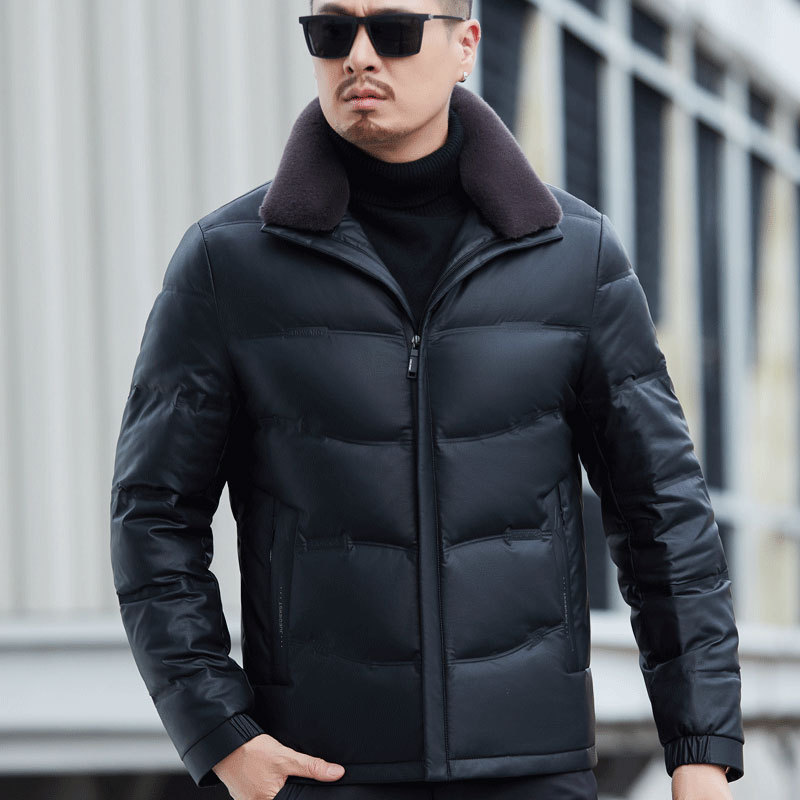 Haining Middle-aged Down Jacket Men's Short Leather Jacket Korean Style Slim-fit Motorcycle Leather Jacket Men's Real Fur One-piece Jacket Trendy