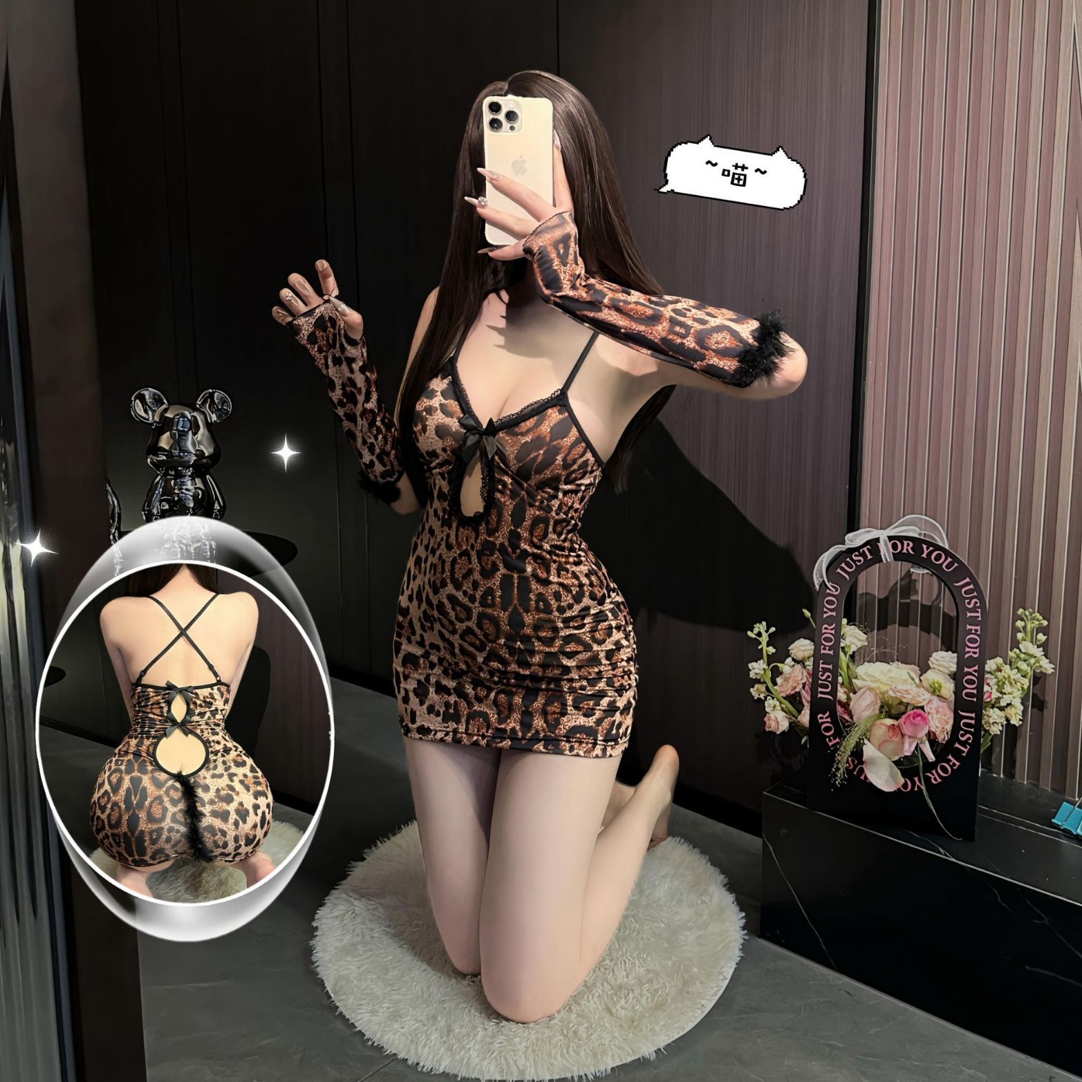 New 4XL 200kg Wildcat Leopard Print Lace Dress Sexy Hollow-out Deep V Bodycon Dress with Backless Trim - Cross-border Style