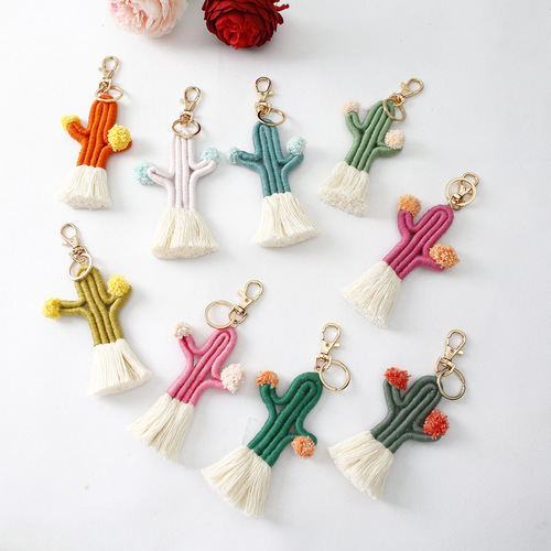 Bohemian knotted cotton rope braided handmade pendant, retro pastoral style plant succulent cactus bag pendant