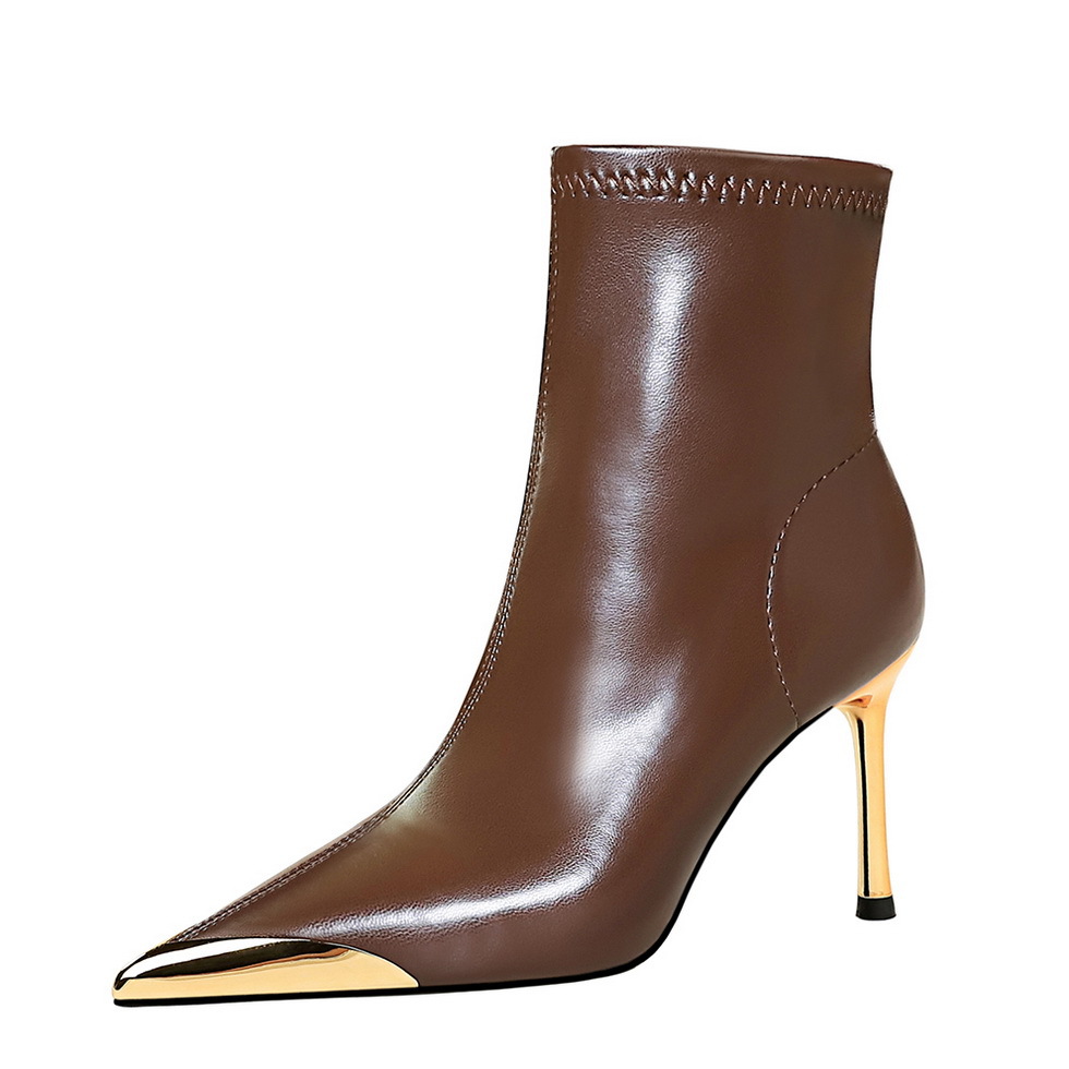 ShoeGlobe 319-11 European And American Style Winter Thin Super High Heel Women's Metal Pointed Iron Toe Fashion Short Boots_voghion.com