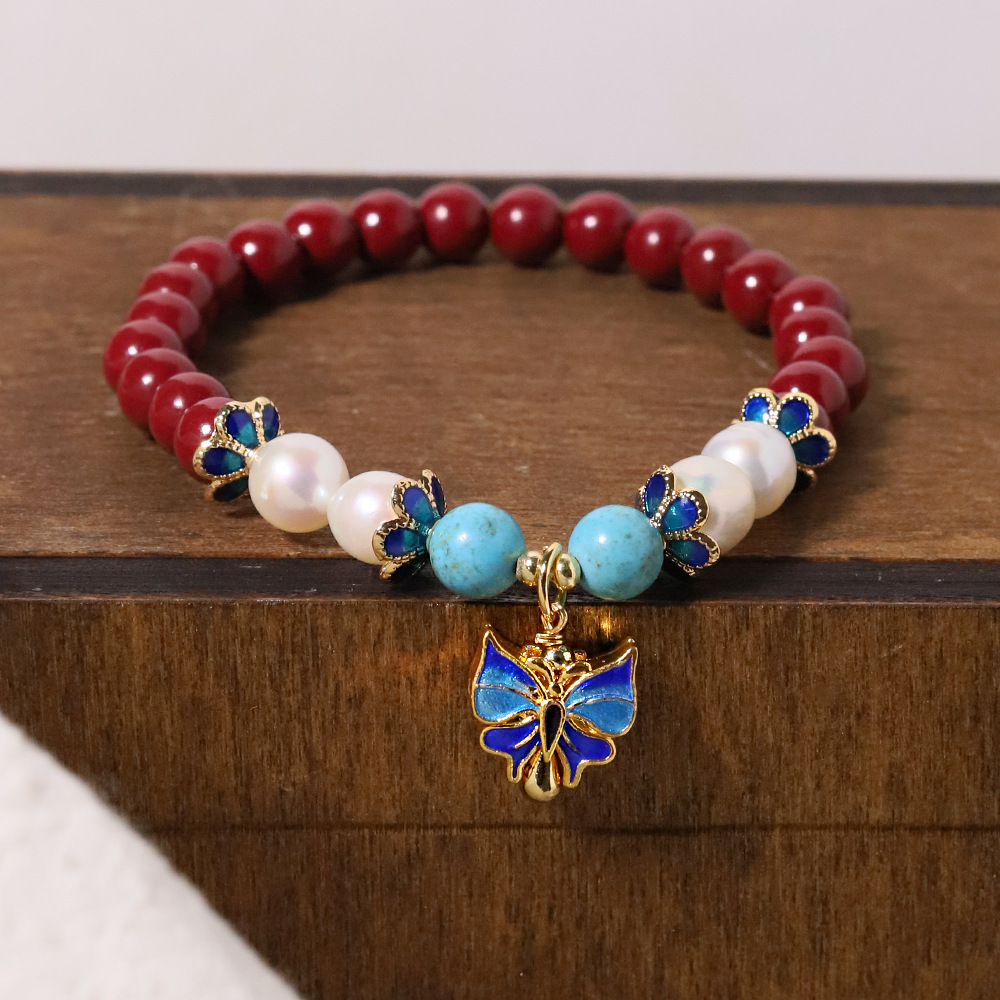 Nicho retrógrado camuflado pulsera de perlas de agua fresca piedra turquesa collar de mariposa azul cuentas para la pareja joyas de mano