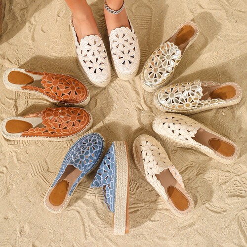 High-Quality Fisherman's Shoes for Women, Cap-Toe Slip-Ons with Fairy Style, Summer Outwear, Lattice Flower Design, Breathable Linen, Thick Sole Fisherman's Shoes