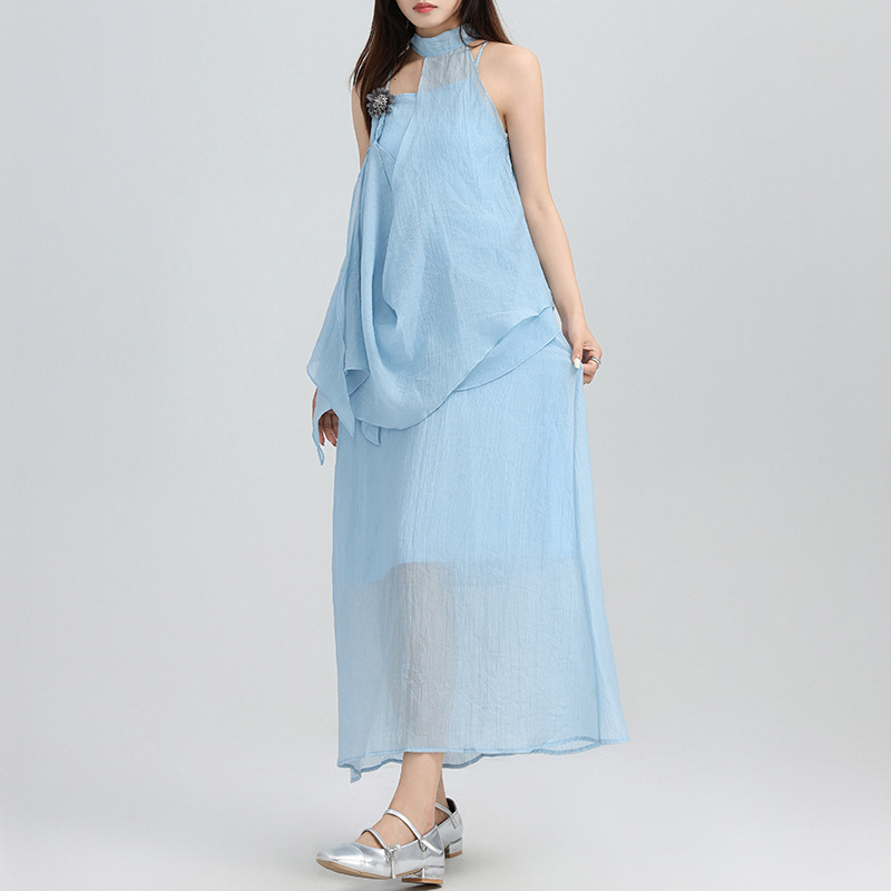 Summer Beautiful Cool Art Tulle Seaside Vacation dress Neck-Hanging Slimming Sling Long Dress with Brooch Summer Beautiful Cool Art Tulle Seaside Vacation dress Neck-Hanging Slimming Sling Long Dress with Brooch