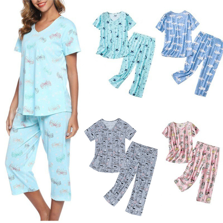Amazon Cross-Border Foreign Trade Short-Sleeved Cropped Pants Suit Knitted Cotton Home Clothes Suit Plus Size Women's Pajamas Set