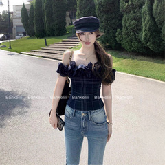 辣妹风一字肩条纹花边衬衫女2025夏季新款设计感修身显瘦别致上衣
