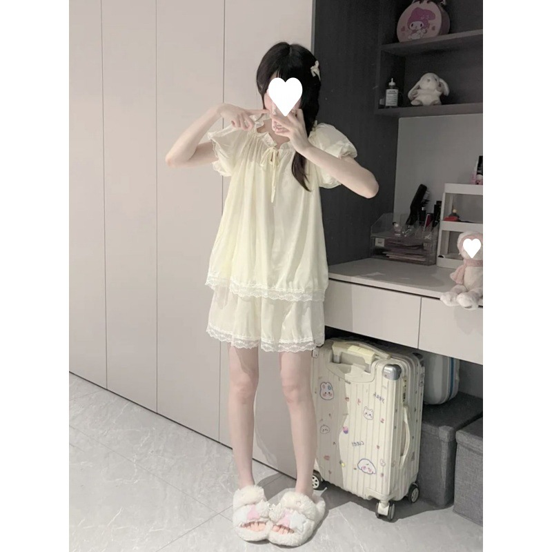 우유 노란색 나비 옷 잠옷 여성용 여름 새 아이스 실크 짧은 소매 반바지 세트 레이스 달콤한 홈 옷