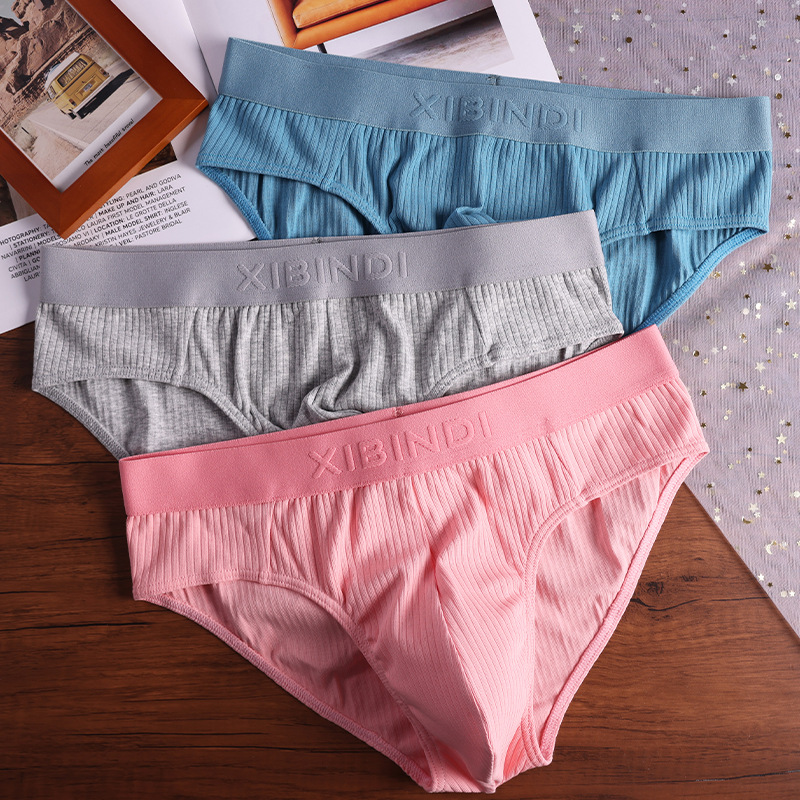New Men's Underwear Pure Cotton Breathable Ribbed Briefs Young Men U-Convex Sexy Solid Color Simple Shorts
