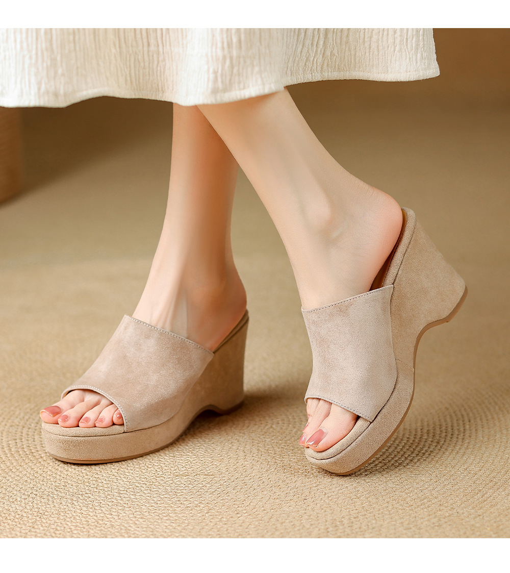 Sandal cao gót nữ đế xuồng 9cm quai ngang hở mũi chất liệu da lộn — màu đen, màu mơ chi tiết 8