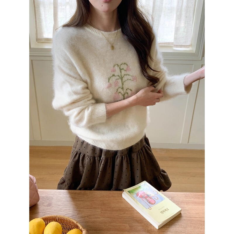 3th Morning Pink Mist Lily of the Valley 100% Wool Floral Jacquard Crew Neck Soft Sweater ZY4539