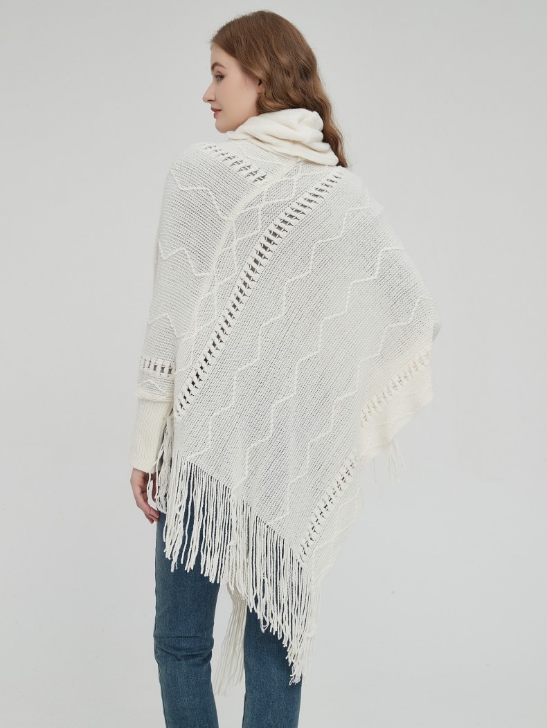 Unisex Coat beige white hollow collar long sleeves tassel cape cape_voghion.com