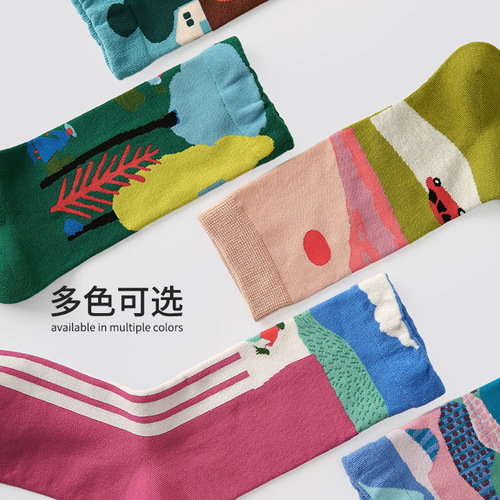 ZYZ original design women's socks cute cartoon landscape illustration printed mid-calf socks 5 pairs boxed Xinjiang cotton socks for women