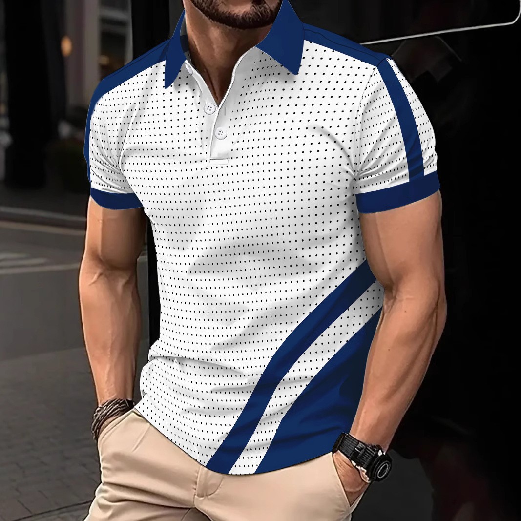 Polo de hombre con estampado 3D para comercio transfronterizo 2025, camiseta polo sin mangas informal con patrón para hombre, estilo D de seda helada.