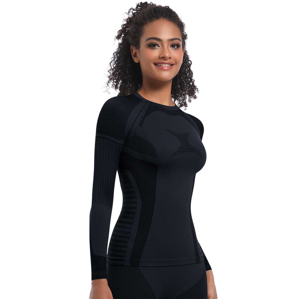 Neu Nahtlose Stricken Engen Hohe Elastische Ski Anzug Langarm Sport Laufen Fitness Yoga Top_voghion.com