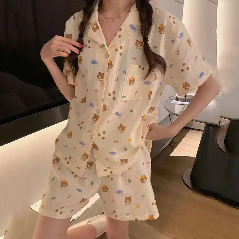 Burbujas arrugadas pantalones cortos de manga corta pijamas femeninos coreanos 2026 nuevo conjunto de dos piezas de dibujos animados adorables ropa doméstica de niña en vivo image 59