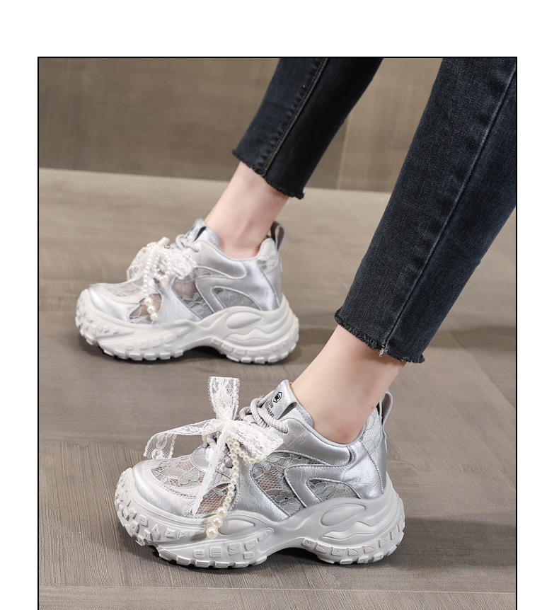 Giày sneaker nữ đế dày tăng chiều cao, phối ngọc trai và nơ, phong cách bánh xốp — Màu be chi tiết 12