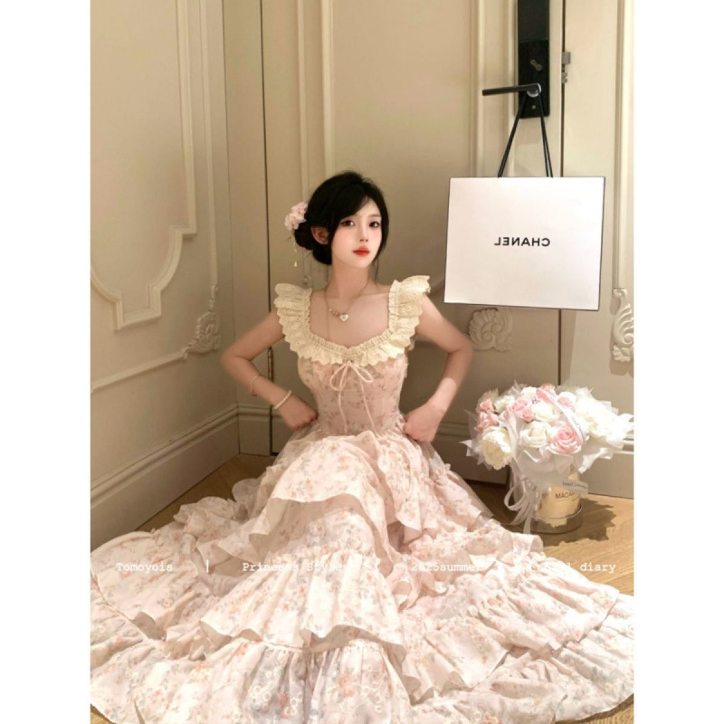 真夏の桜織り花羽絶妙で甘い小さなフライングスリーブ優しい花柄ウエストプリンセスドレス|undefined