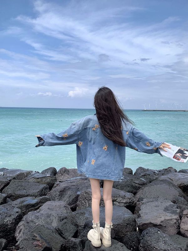 【现货】高街潮牌小众设计感卡通小熊刺绣牛仔夹克女春季百搭外套|undefined