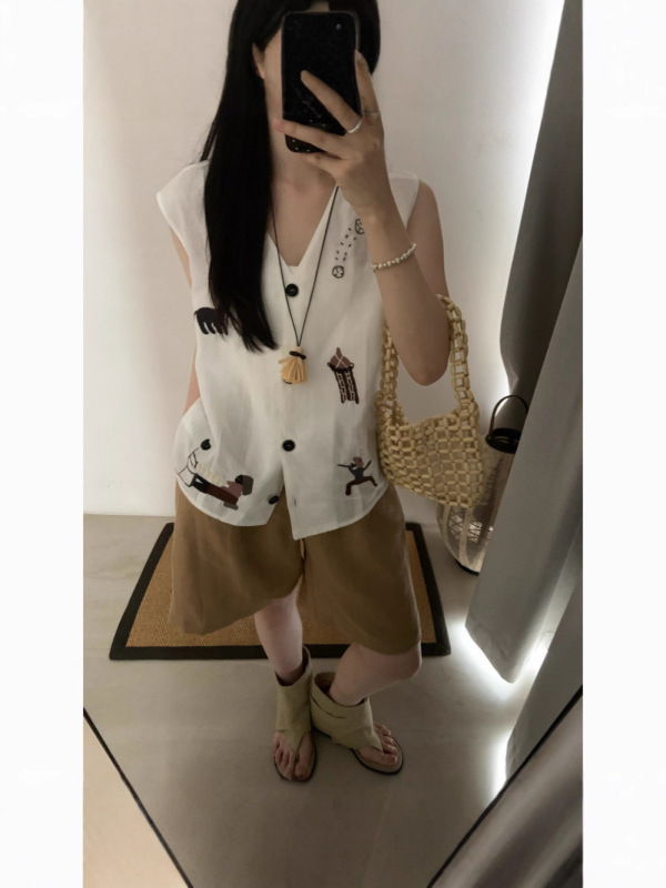亚麻宽松刺绣夏季新款复古棉麻马甲背心女设计感卡通V领无袖上衣|undefined