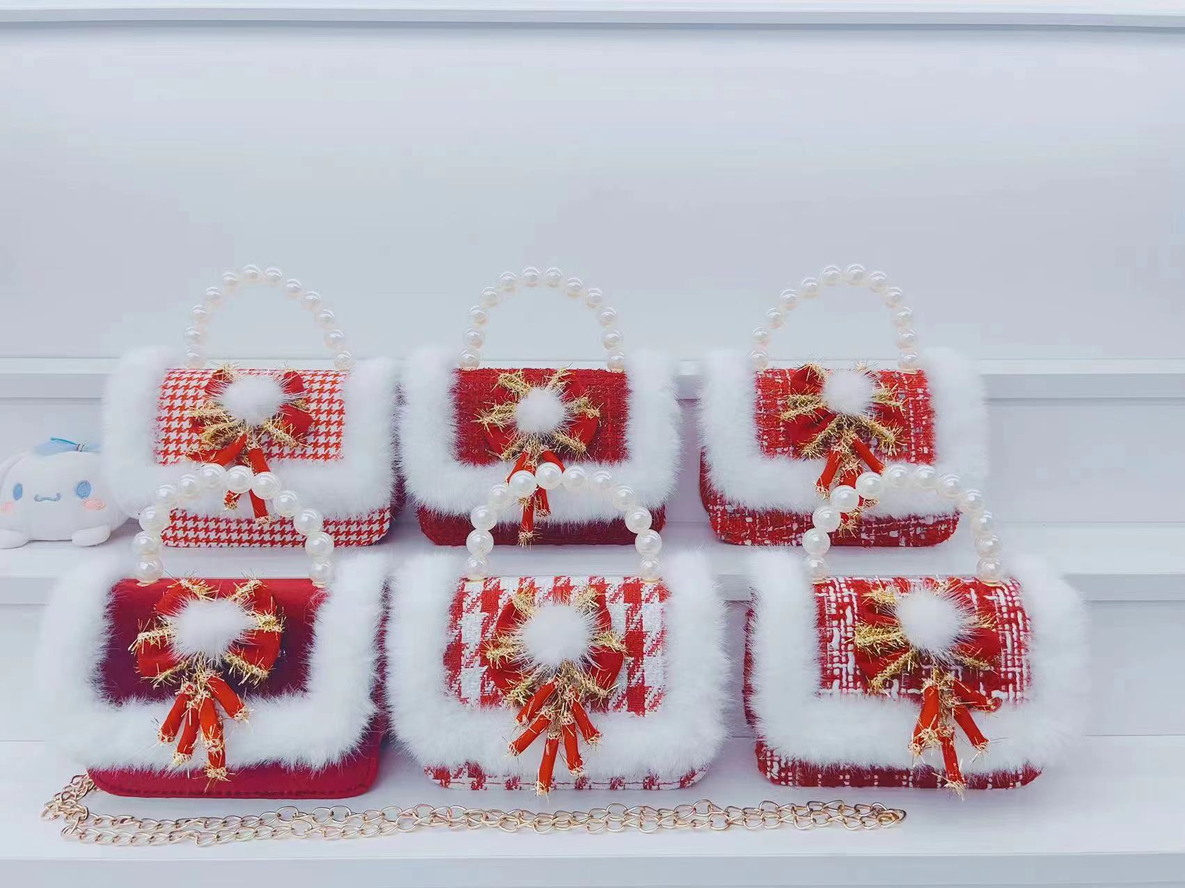 Año nuevo rojo Chanel estilo de los niños perla bolso del bebé lindo arco cadena niñas monedero