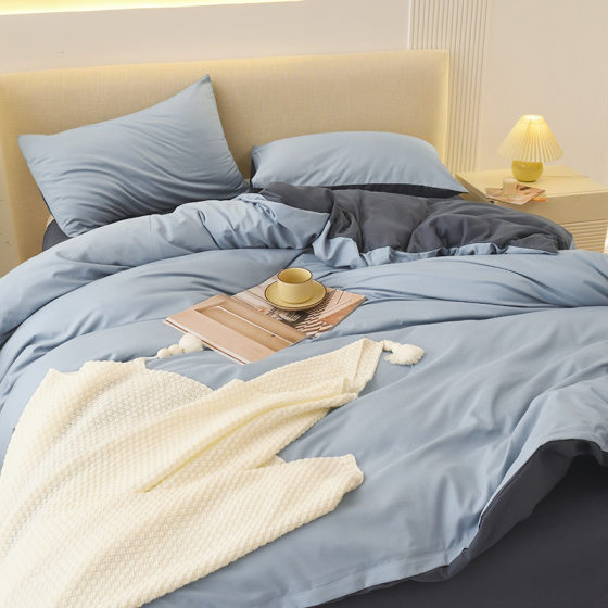 Solid color sanding four-piece simple wind quilt bed sheet washed quilt cover student dormitory bedding wholesale
