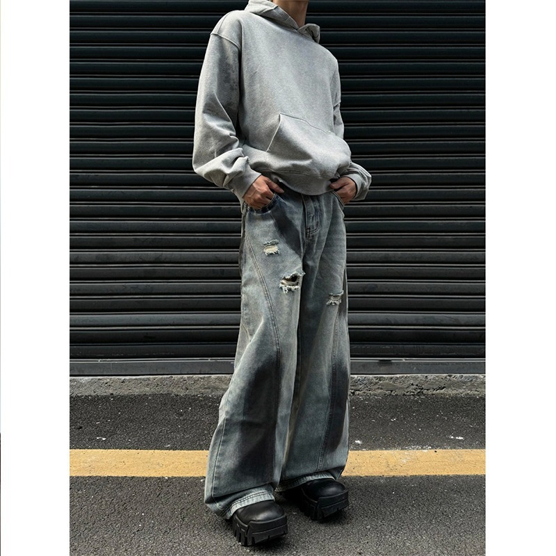 High Street Summer Retro Autumn Vibe Ink Splash Hole Jeans Loose Deconstructed Straight Wide Leg Long Pants_viptrois.com