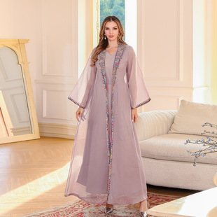 Cross-Border Dubai Women's Elegant Two-Piece Dress Middle Eastern Arabic Embroidered Mesh Abaya Women's Robe