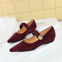 3683-2K92 Korean Low Heel Slope Heel Versatile Suede Shallow Mouth Metal Decorative Elastic Band Strap Single Shoe Female