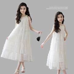 女童連衣裙24夏季新款甜美露肩無袖公主裙背心紗裙寬鬆A字仙女裙