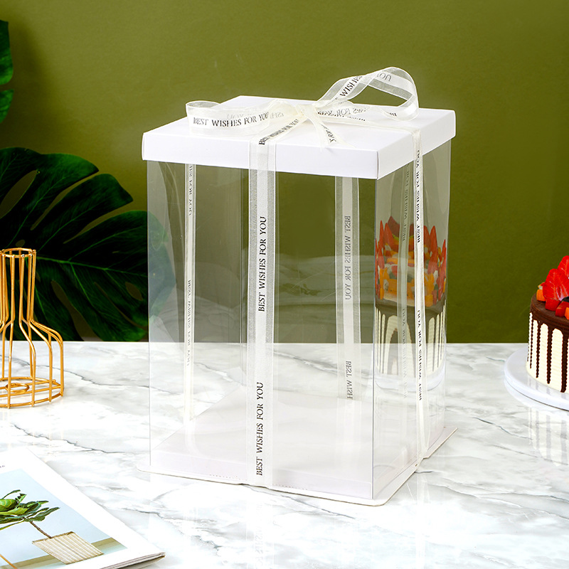 Caja tarta transparente plástico duro, 6/8/10 pulgadas, blanco, tres en uno, para hornear y pastelería al por mayor.