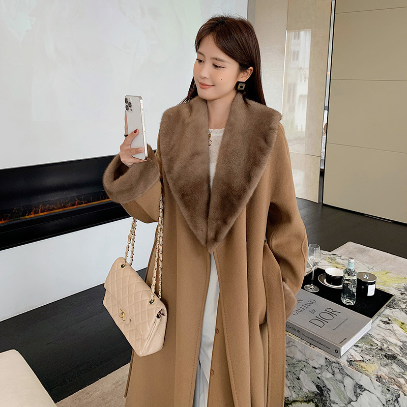 High-end Mink Fur Collar Double-sided Cashmere Coat Women's Long Big Brand Elegant High-grade Wool Coat with Liner High-end Mink Fur Collar Double-sided Cashmere Coat Women's Long Big Brand Elegant High-grade Wool Coat with Liner